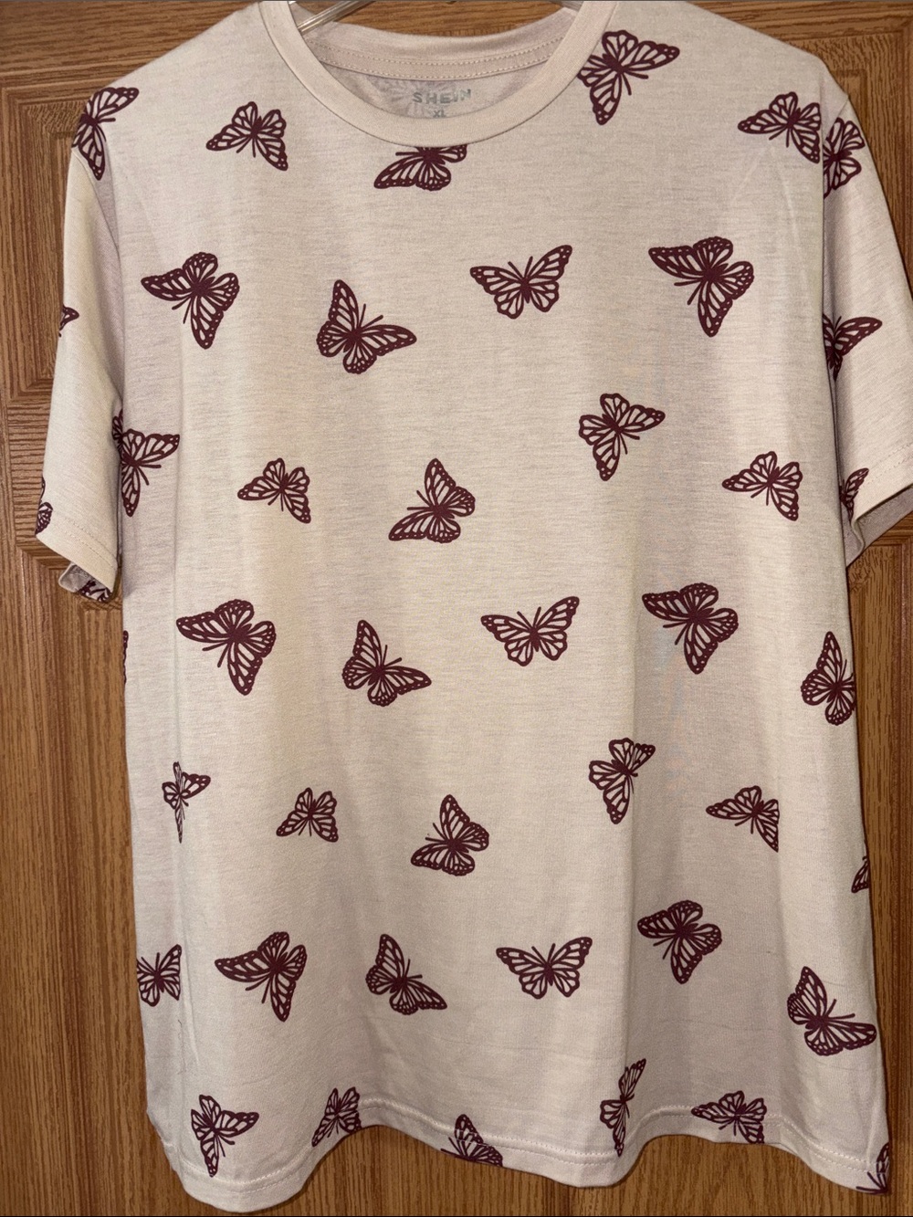 SHEIN Cream Tee with Maroon Butterfly Print